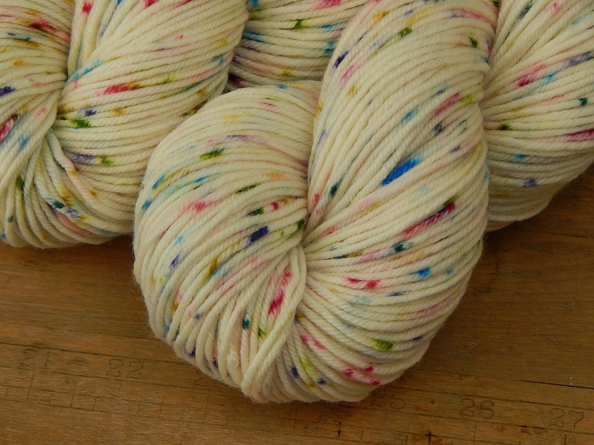 Hand Dyed Yarn, DK Weight Superwash Merino Wool - Potluck Confetti - Cream Off White Rainbow Speckled Indie Dyed Knitting Yarn