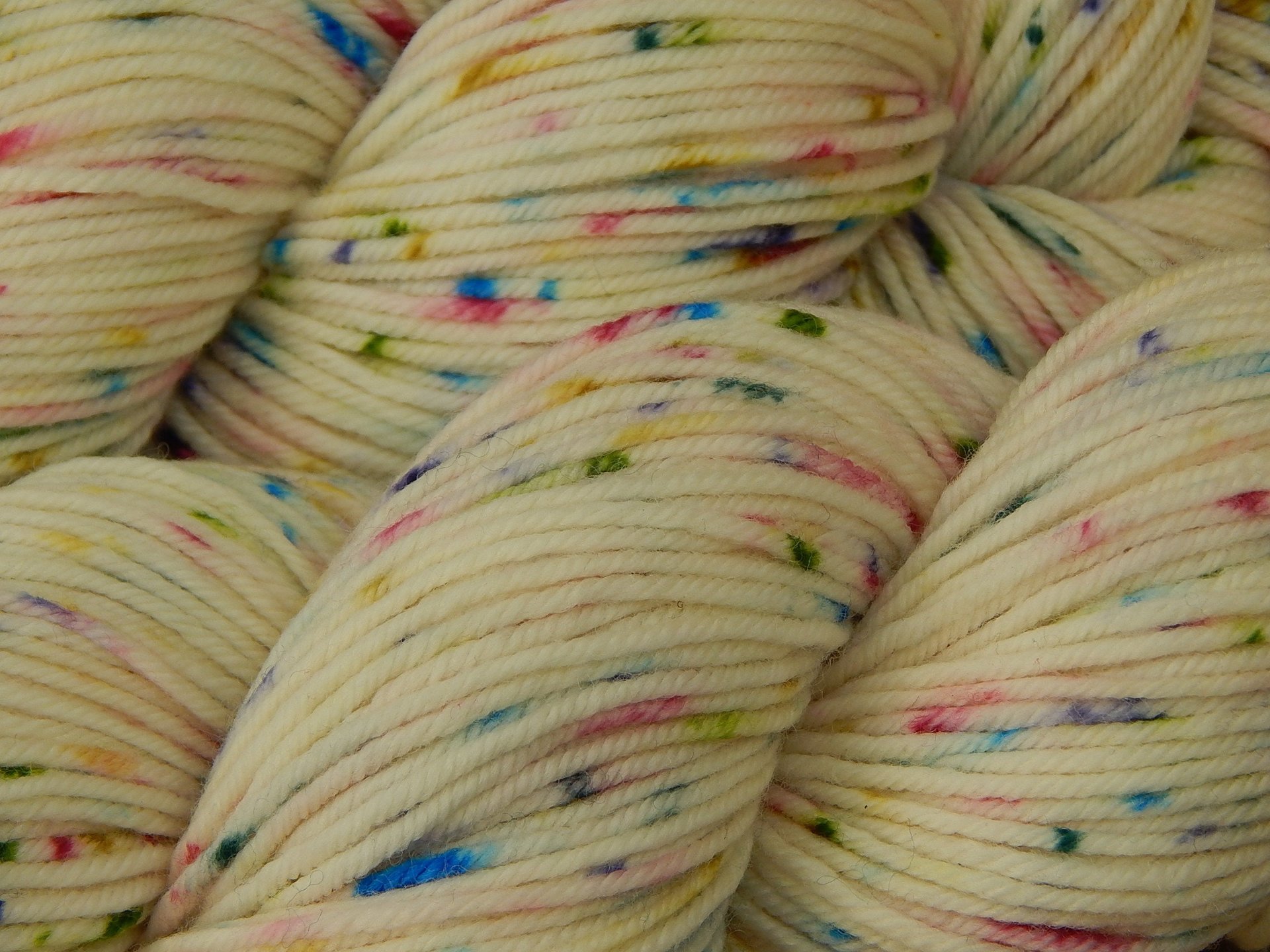 Hand Dyed Yarn, DK Weight Superwash Merino Wool - Potluck Confetti - Cream Off White Rainbow Speckled Indie Dyed Knitting Yarn