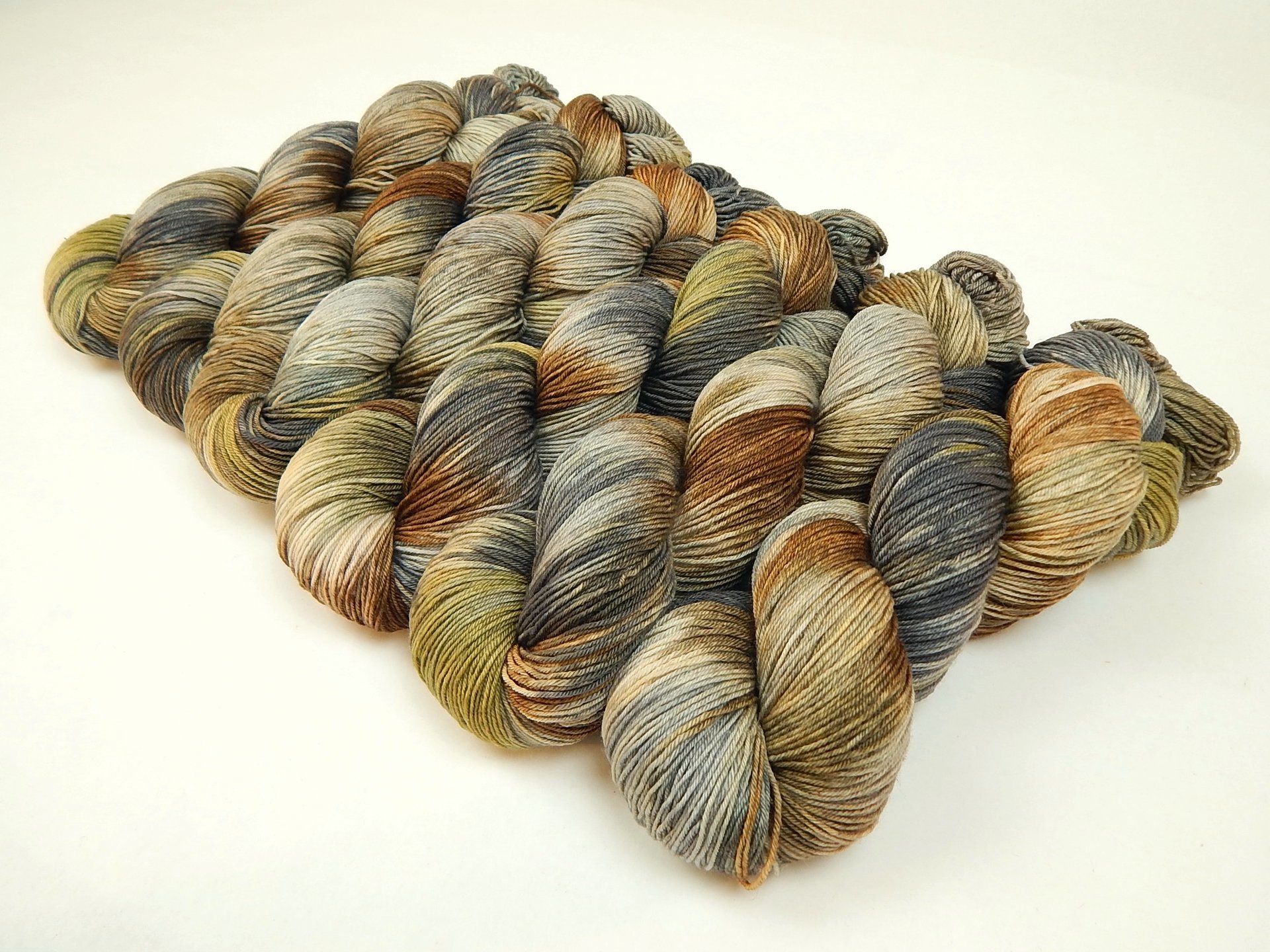 Hand Dyed Yarn, Fingering Sock Weight 4 Ply Superwash Merino Wool - Potluck Greys & Browns - Indie Dyer Gray Rust Brown Green Knitting Yarn 