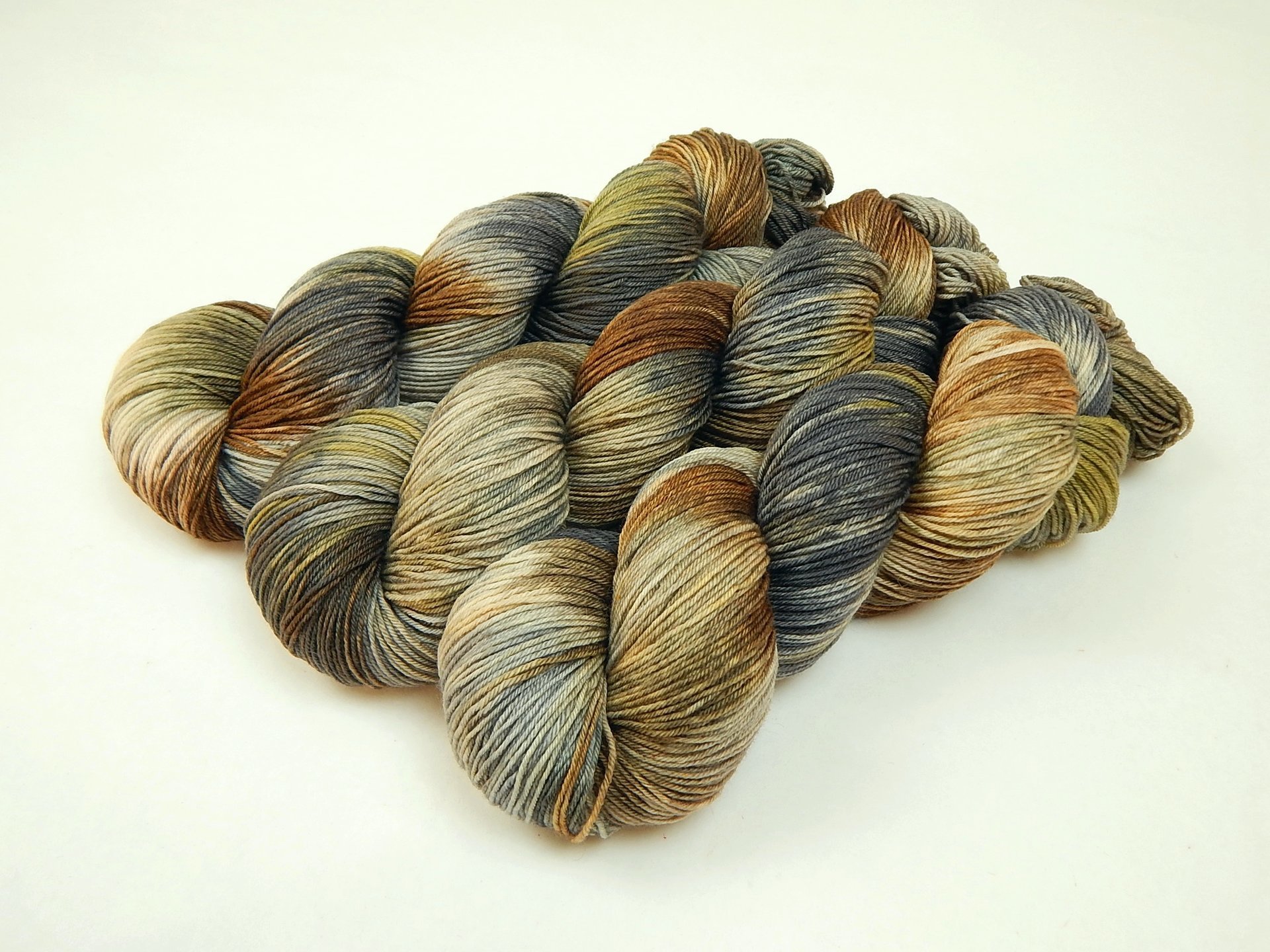 Hand Dyed Yarn, Fingering Sock Weight 4 Ply Superwash Merino Wool - Potluck Greys & Browns - Indie Dyer Gray Rust Brown Green Knitting Yarn 