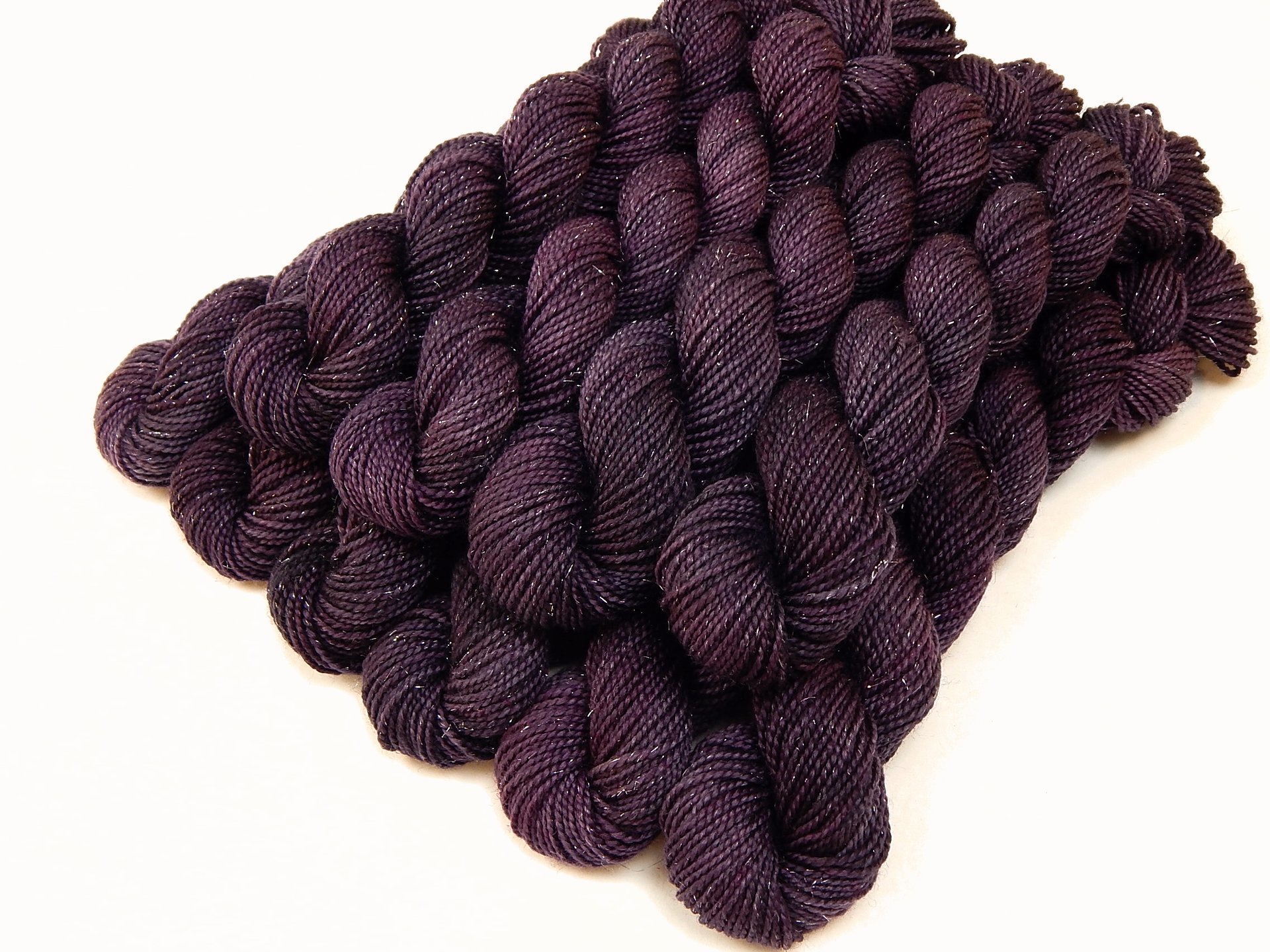 Limited Edition! Sock Yarn Mini Skeins, Fingering Weight Superwash Merino Wool & Nylon - EGGPLANT SPARKLE - Dark Purple Knitting Yarn with Silver Sparkles