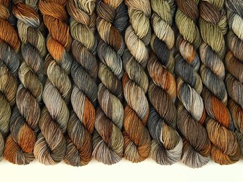 Hand Dyed Yarn 20g Mini Skeins, Sock Fingering Weight, 4 Ply Superwash Merino Wool - Potluck Greys & Browns - Earthy Multicolor Indie Dyer Yarn